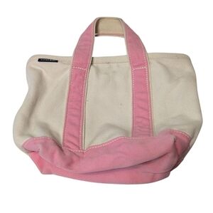Lands End Small Tote Bag Canvas Pink And Off White Classic With Zipper Closer